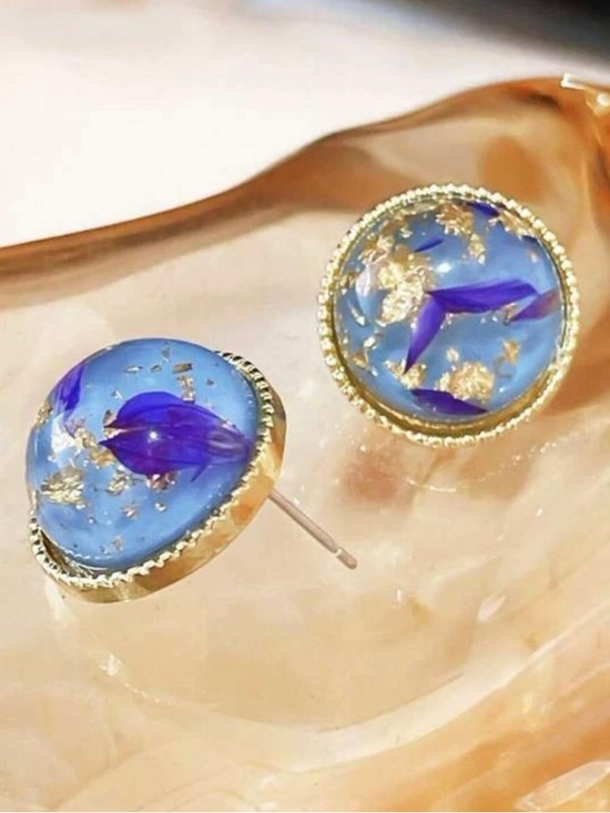 Jewelry - “Navy Calla Lily Petals” Blue Pressed Preserved Dried Flower Gold Flake Orb Stud